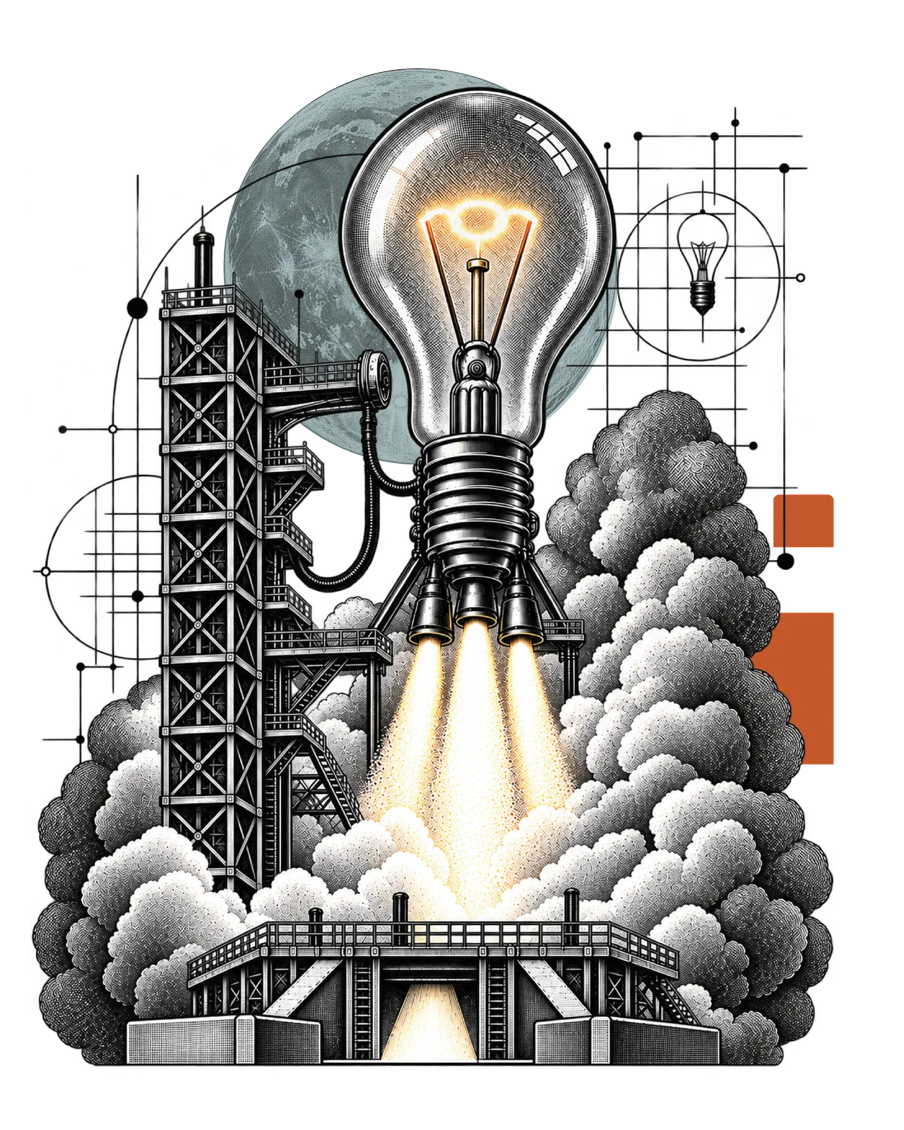 A light bulb lifting off a launch tower on three jets of flame, the moon behind it