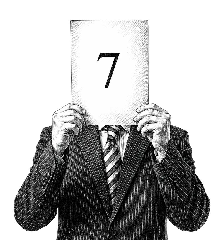 A man in a pinstripe suit holding a scorecard reading 7 in front of his face