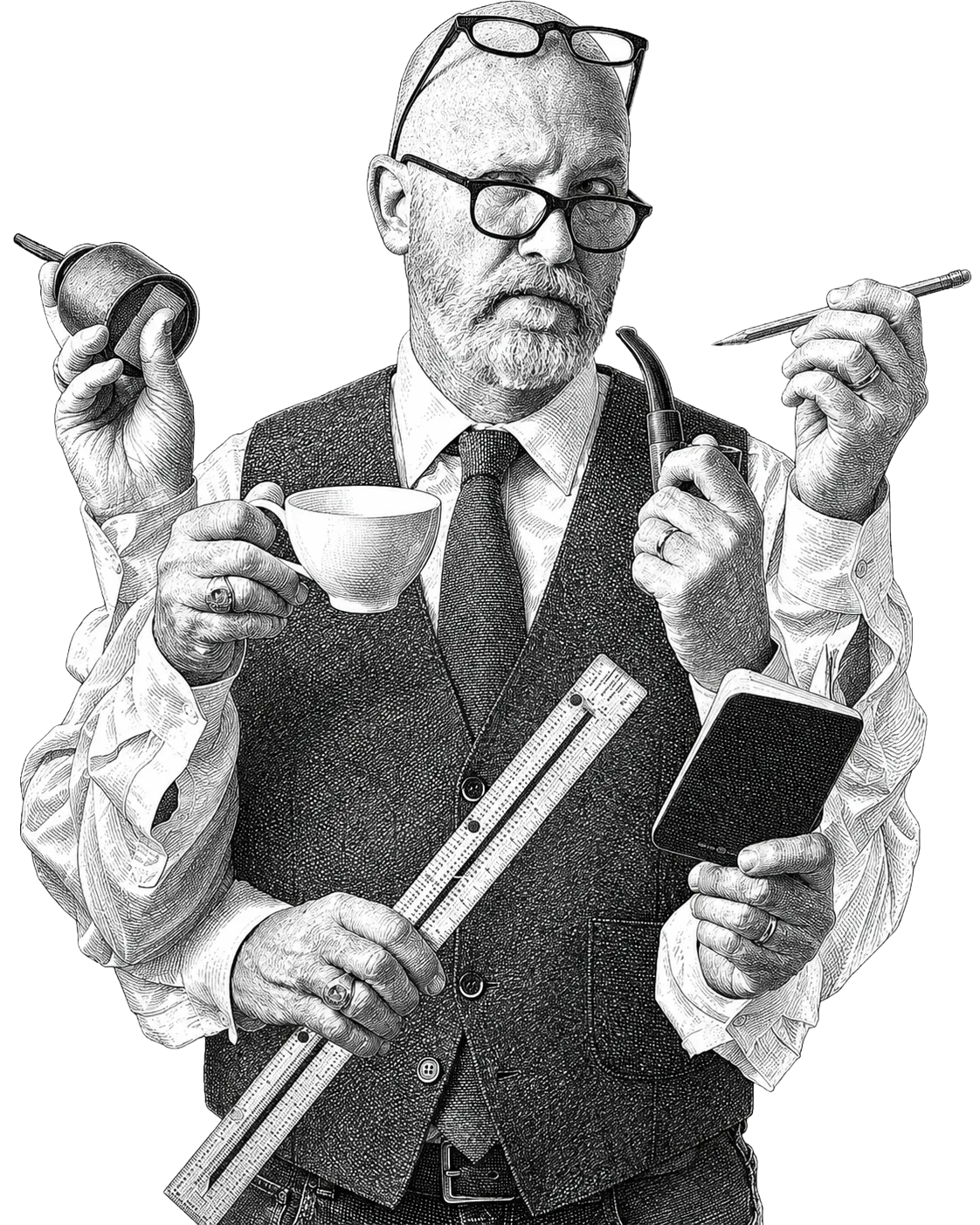 An engraved professor with many arms, juggling coffee, a notebook, a ruler, and an apple